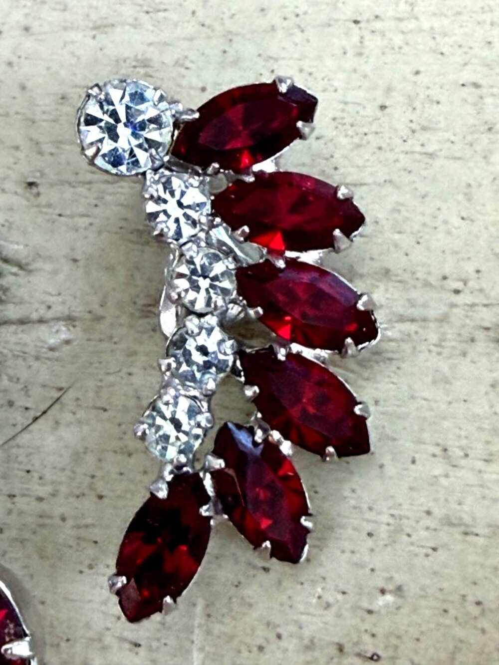 David Sigal Clip Earrings Silver Tone Red Marquise Clear Stones Signed Vintage - Picture 6 of 9